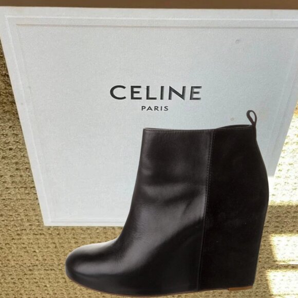 Celine Black Leather & Suede Wedge Ankle Boots with Box Sz 38.5 - Picture 1 of 14